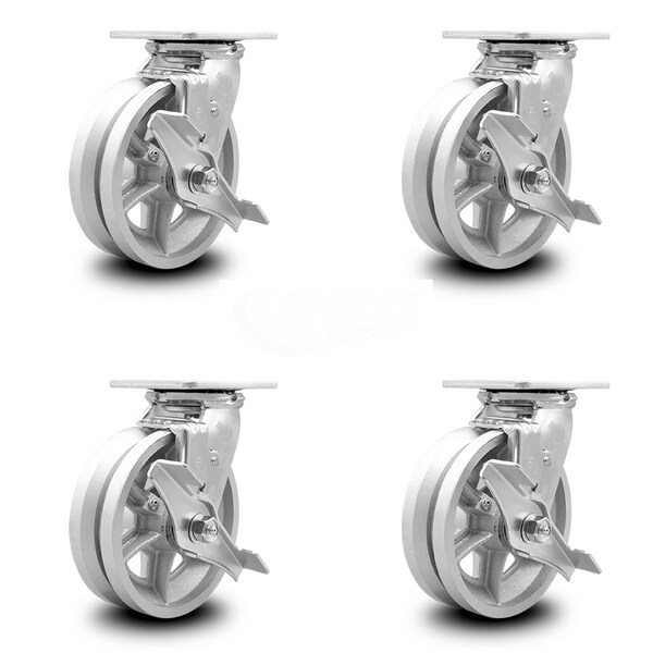 6 Inch V Groove Semi Steel Swivel Caster Set with Ball Bearings and Brakes SCC